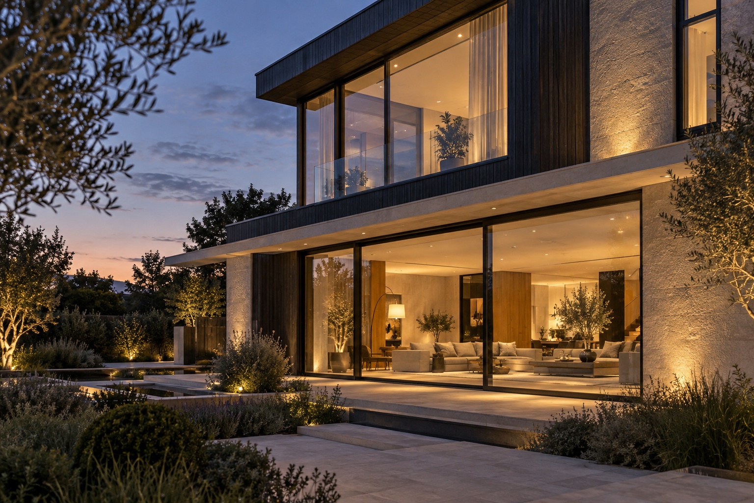 A contemporary home with warm lighting, large windows and a landscaped garden at dusk